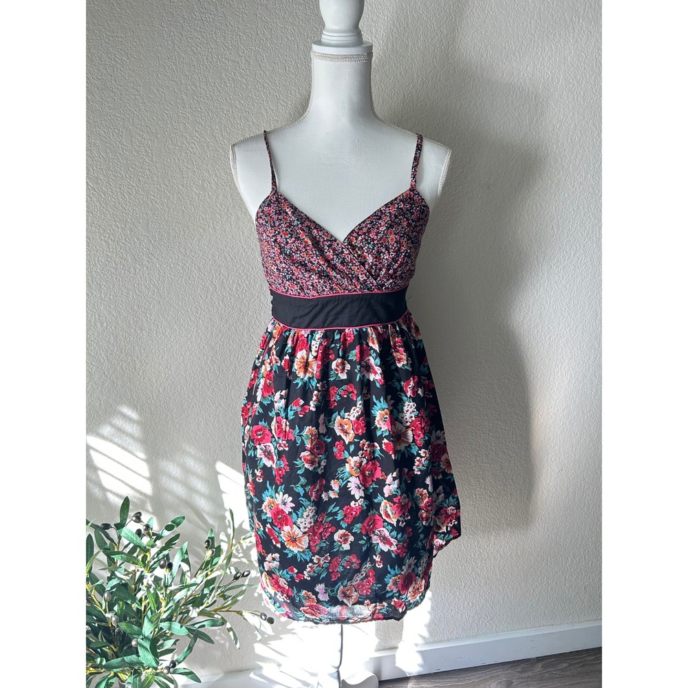 Xhilaration Floral Mini Dress Black Pink Mixed Print Sundress Bow Back Size M